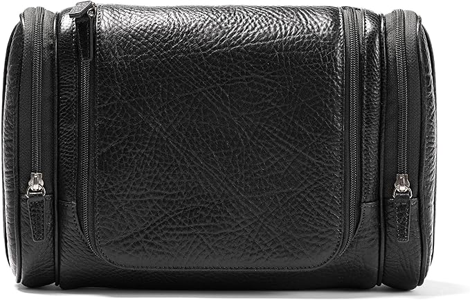 Leatherology Premium Ebony Hanging Toiletry Kit - Double zip closure, 2 exterior side zipper pockets, water-resistant lining
