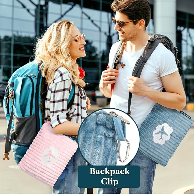 PAVILIA Travel Blanket Pillow in Soft Bag with Pockets, Airplane Blanket Set, Plane Blanket Compact Packable, Flight Essentials Car Pillow, Travelers Accessories Gifts, Luggage Strap, Dusty Light Blue