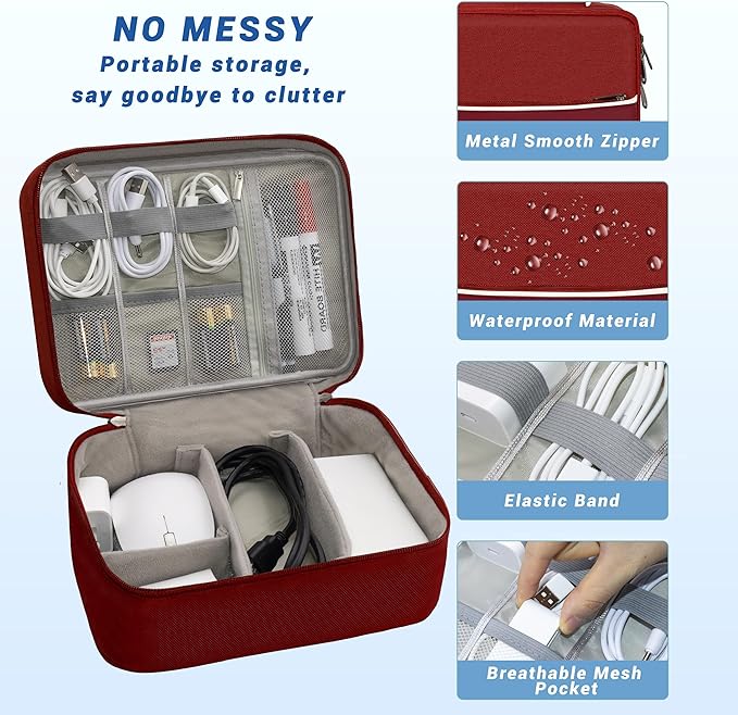 Electronics Organizer,Travel Cord Organizer Pouch, Portable Cable Organizer Bags, Waterproof Electronic Accessories Storage Case for Cables, Cords, Charger, Phone (Double Layer-Winered)