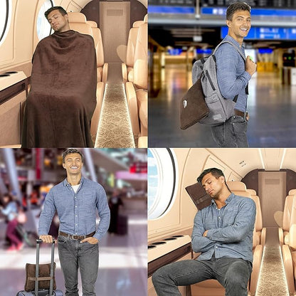 BlueHills Premium Soft Travel Blanket Pillow Airplane Blanket Soft Bag Pillow case with Hand Luggage Belt and Backpack Clip Compact Pack Large Portable Throw Air Plane Flight Travel (Brown T009)