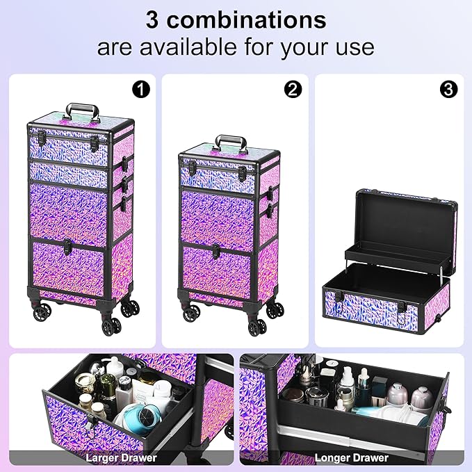 Rolling Makeup Case with Large Drawer, Makeup Train Case with Tray, Cosmetology Case on Wheels, Travel Makeup Case Organizers, Professional for Salon Barber, Nail, Tattoo, Multicolor Purple