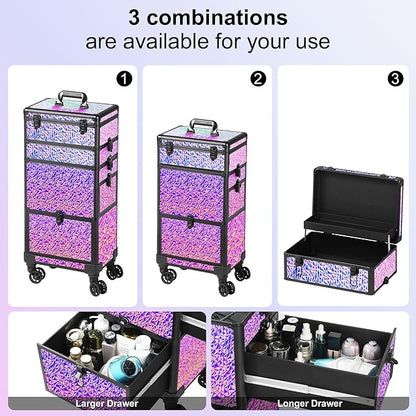 Rolling Makeup Case with Large Drawer, Makeup Train Case with Tray, Cosmetology Case on Wheels, Travel Makeup Case Organizers, Professional for Salon Barber, Nail, Tattoo, Multicolor Purple