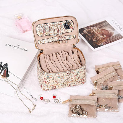 Angelina's Palace Jewelry Organizer Case Bridesmaid Gifts Travel Bag Vegan Leather Box for Necklace Earring Bracelet Ring(blossom tan)