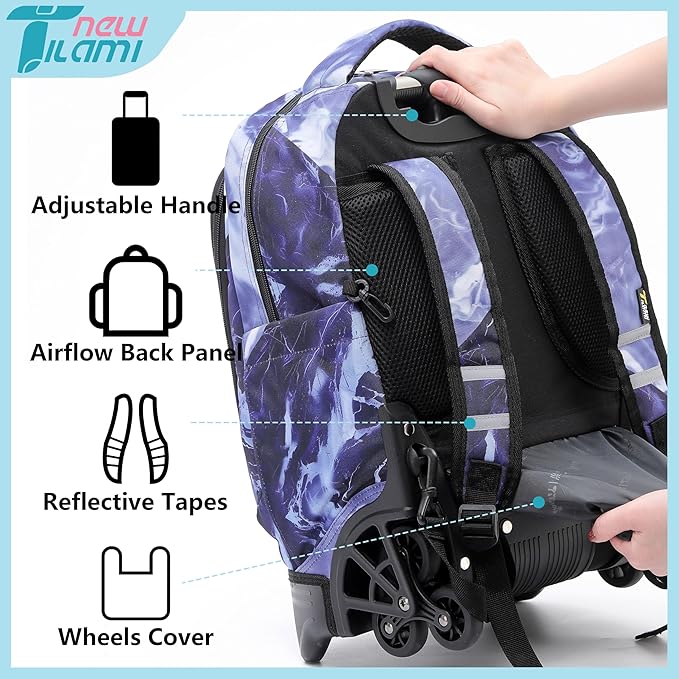 NEW TILAMI 18 Inch Rolling Backpack with Wheels for Girls Boys Kids Laptop Backpack School Travel, Purple Lightning