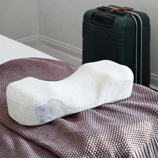 Kanuda Mini Portable Pillow (Oatmeal) – Compact Orthopedic Cervical Neck Pillow for Travel, Firm Memory Foam Support with CV4 & OCBR Therapy, Washable Cover & Storage Bag