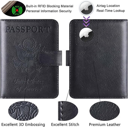 Airtag Passport Holder Cover Wallet Travel Essentials Leather RFID Blocking Case Vacation Luggage Must Haves Travel Accessories for Men Women (117#Black)