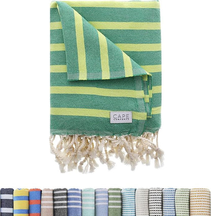 Large Turkish Beach Towel, Striped Kelly Green & Pistachio - 37'' x 67'' - Super Soft & Lightweight - Quick Dry Sand Free Travel Towels for Beach or Bath - Gifts