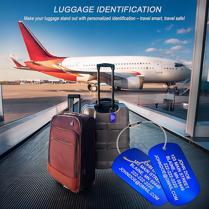 High Visibility Durable Anodized Aluminum Luggage Tags - 2 Pack, Customizable Travel ID Tag for Luggage, Golf Bags & More - Personalized Imprinted ID Tags (Blue)