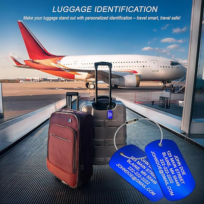High Visibility Durable Anodized Aluminum Luggage Tags - 2 Pack, Customizable Travel ID Tag for Luggage, Golf Bags & More - Personalized Imprinted ID Tags (Blue)