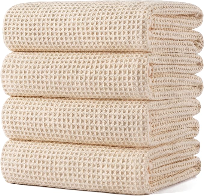 POLYTE Microfiber Oversize Quick Dry Lint Free Bath Towel, 60 x 30 in, 4 Pack (Waffle Weave)