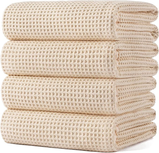 POLYTE Microfiber Oversize Quick Dry Lint Free Bath Towel, 60 x 30 in, 4 Pack (Waffle Weave)