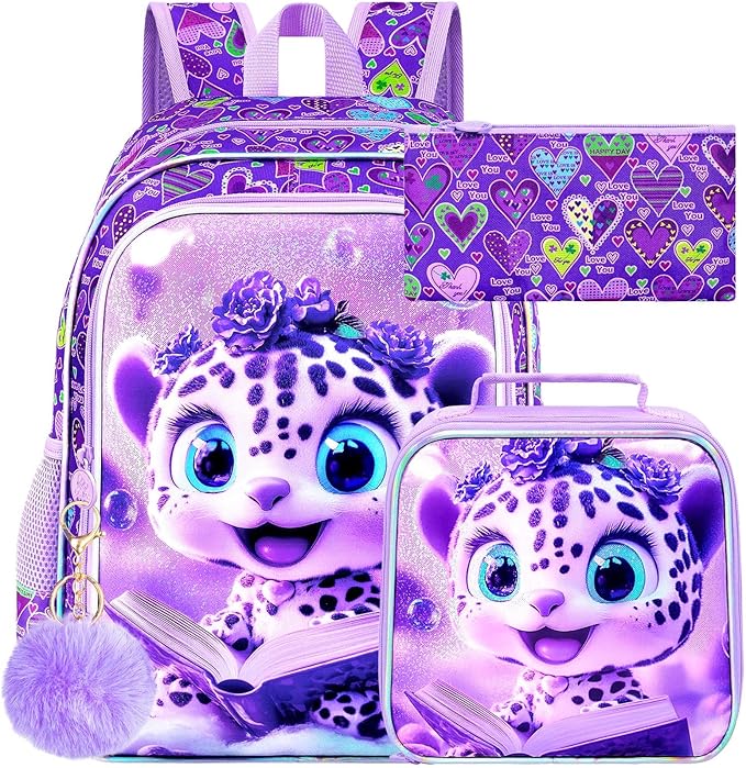 WZLVO 3PCS Kids Leopard Bookbag for Girls, 16" Glittery UV Printing Girls Backpack/School Bag with Lunch Box & Pencil Bag for Preschool to Elementary - Reading Leopard Purple