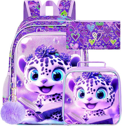 WZLVO 3PCS Kids Leopard Bookbag for Girls, 16" Glittery UV Printing Girls Backpack/School Bag with Lunch Box & Pencil Bag for Preschool to Elementary - Reading Leopard Purple