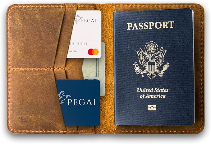 PEGAI Handcrafted Leather Passport Wallet for Men and Women | Full Grain Crazy Horse Leather Passport Holder | Custom Travel Passport Cover & Organizer | (Cinnamon)