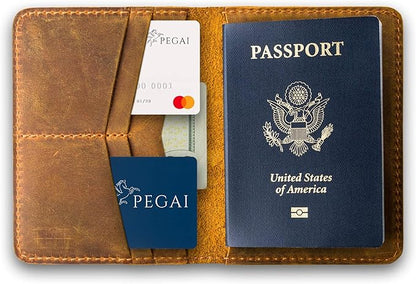 PEGAI Handcrafted Leather Passport Wallet for Men and Women | Full Grain Crazy Horse Leather Passport Holder | Custom Travel Passport Cover & Organizer | (Cinnamon)
