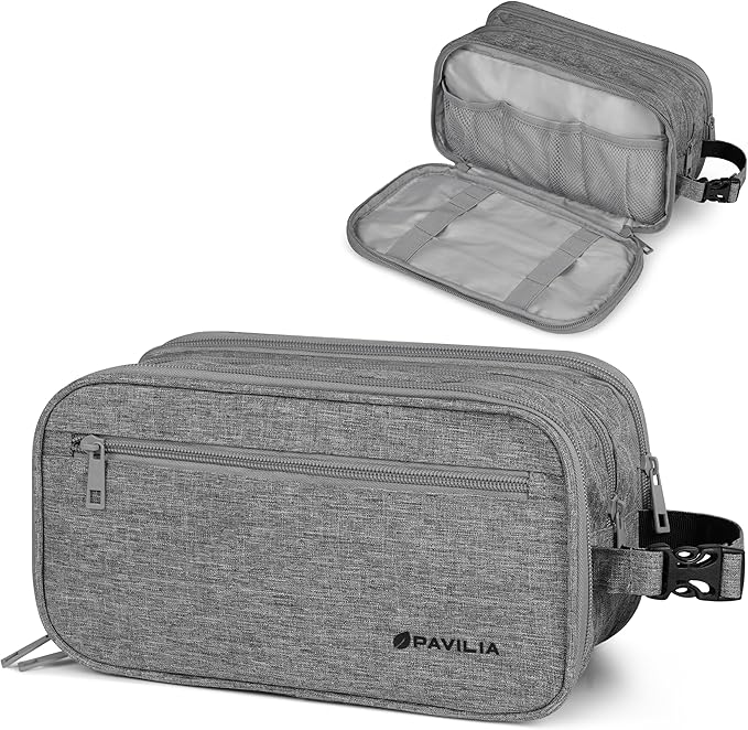 PAVILIA Toiletry Bag for Men, Travel Pouch Essentials Shaving Dopp Kit, Travel Bag Toiletries Organizer Case, Cosmetic Make Up Accessory, Water Resistant