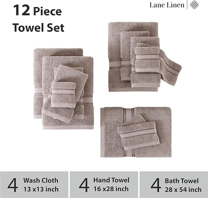 LANE LINEN 100% Mercerized Cotton Bath Towel Set of 12 – Zero Twist Shower Towels, 4 Bath, 4 Hand Towel & 4 Washcloths, Quick-Dry, Luxuriously Soft & Durable, Perfect for Everyday use – Platinum