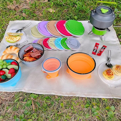Mess Kit for Camping Silicone Collapsible Bowl Collapsible Cup and Stainless Steel Spoon for Backpacking Outdoor Hiking Traveling and Picnic