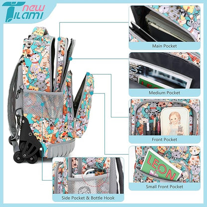 NEW TILAMI Rolling Backpack for Boy Suitcase School Adjustable Laptop Backpack with Wheels for Girl to School Travel Camping Boys Backpack Cute Cats 18 Inches