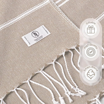 Turkish Beach Towel Absorbent & Quick Dry Oversized (39" x 71") - Decorative, Versatile and Functional as Yoga Mat, Picnic Blanket, Travel Blanket, Bath, Shower, Gym Towel - Beige
