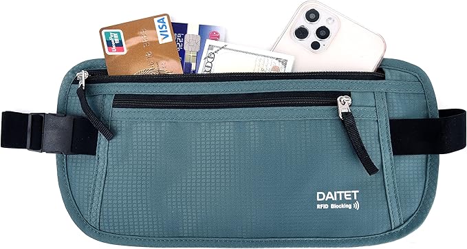 RFID Blocking Money Belt for Men Women, Slim Fanny Pack for Travel，Running,Conceal Waist Wallet for Passport Holder,Phone,Cash(Turquoise)