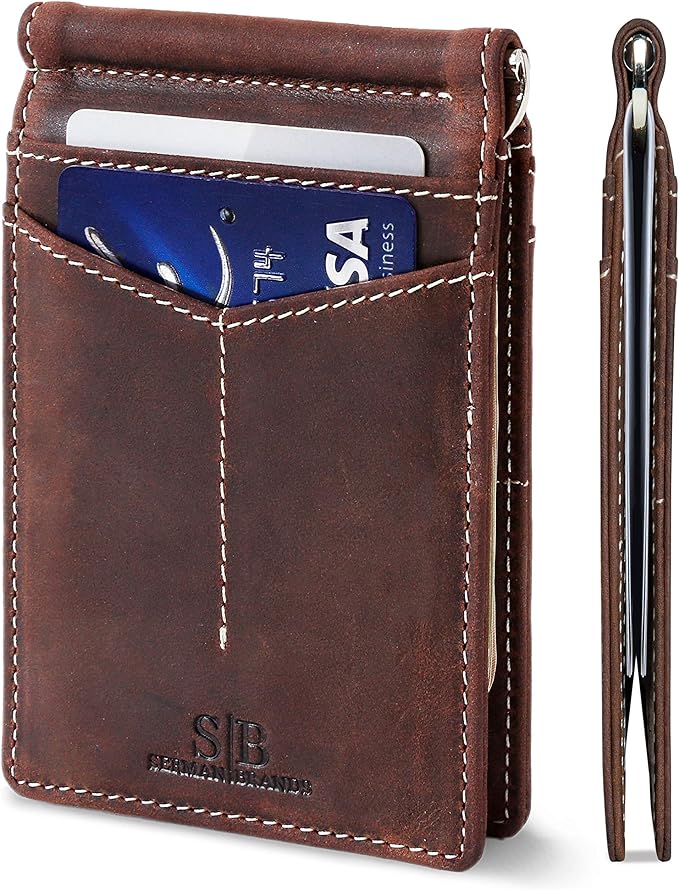 SERMAN BRANDS RFID Blocking Wallet Slim Bifold - Genuine Leather Minimalist Front Pocket Wallets for Men with Money Clip Gift (Texas Brown)