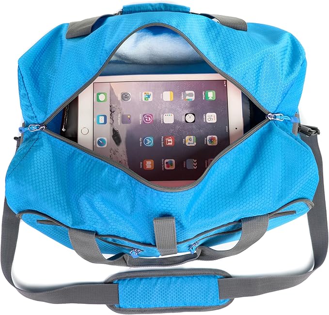 Bago Foldable Duffel Bags for Traveling Women & Men - 40L Sports Packable Duffle Bag for Travel with Shoe Compartment - Water Repellant, Heavy Duty, Lightweight Folding & Collapsible (Blue)