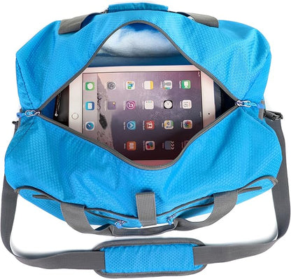 Bago Foldable Duffel Bags for Traveling Women & Men - 40L Sports Packable Duffle Bag for Travel with Shoe Compartment - Water Repellant, Heavy Duty, Lightweight Folding & Collapsible (Blue)