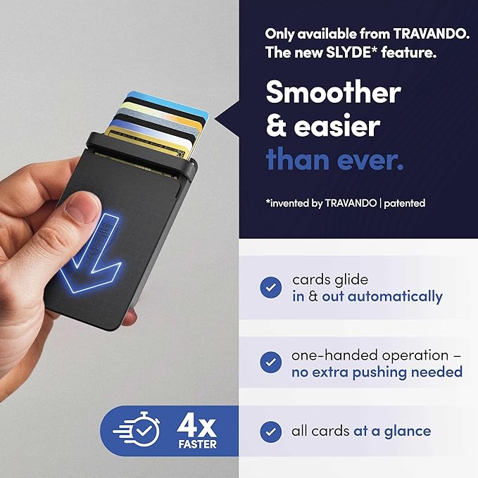 TRAVANDO SLYDE Aluminum Card Holder - RFID Blocking Slim Wallet for Men with Money Clip – Holds Up to 7 Cards – RFID Protected Credit Card Mens Wallet (Black)