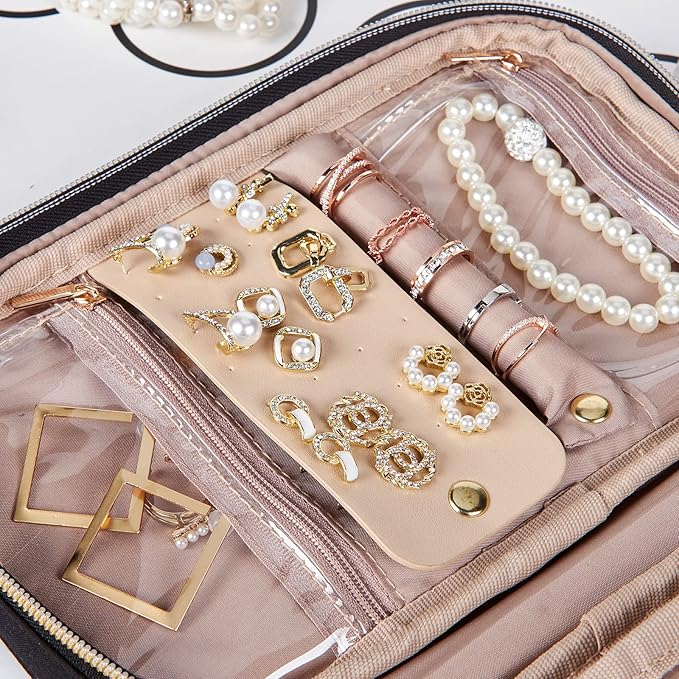 NISHEL Travel Jewelry Case, Holiday Organizer for Necklaces, Earrings, Rings, Bracelets, Watch, Black