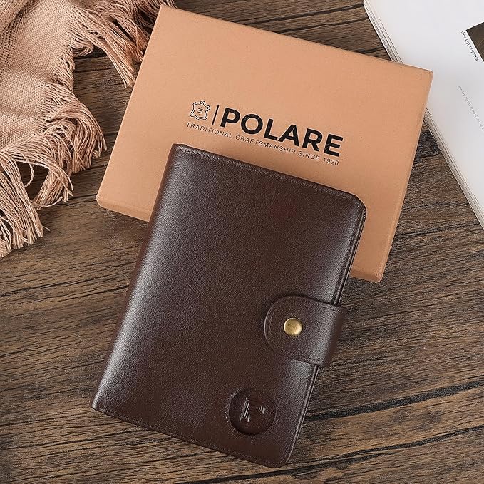 Polare Luxury RFID Blocking Leather Passport Holder Travel Wallet For Men and Women (Coffee with AirTag Slot(Snap Version))