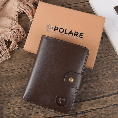 Polare Luxury RFID Blocking Leather Passport Holder Travel Wallet For Men and Women (Coffee with AirTag Slot(Snap Version))