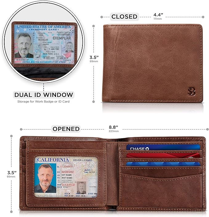 SERMAN BRANDS 2 ID Window Wallet for Men RFID Blocking Leather, Bifold Top Flip, Extra Capacity Travel Wallet