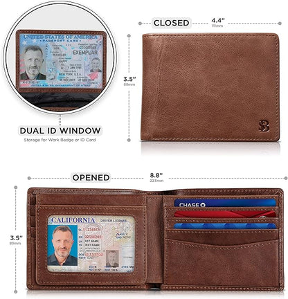 SERMAN BRANDS 2 ID Window Wallet for Men RFID Blocking Leather, Bifold Top Flip, Extra Capacity Travel Wallet