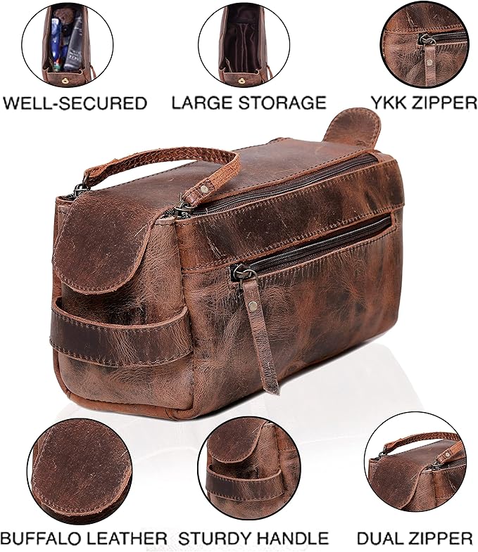 cuero Genuine Buffalo Leather Unisex Toiletry Bag Travel Leather Dopp Kit Made With High Class Buffalo Leather