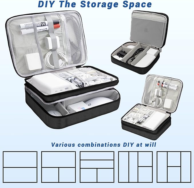 Electronics Organizer,Travel Cord Organizer Pouch, Portable Cable Organizer Bags, Waterproof Electronic Accessories Storage Case for Cables, Cords, Charger, Phone (Three Layer-Black)