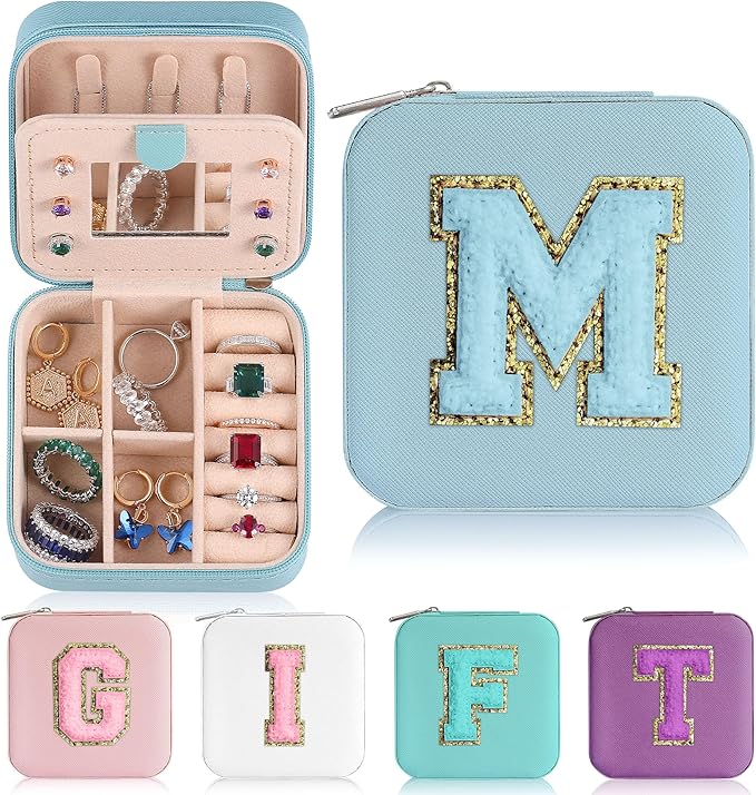 Parima Jewelry Organizer Box, Small Jewelry Box for Women Girls Initial P Travel Jewelry Case Small Jewelry Organizer Box Travel Jewelry Case Jewelry Box Organizer - Letter M, Sky Blue