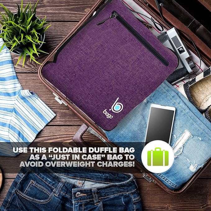 Bago Large Foldable Duffel Bags for Traveling Women & Men - 80L Packable Duffle Bag for Travel with Shoe Compartment - Water Repellant, Heavy Duty, Lightweight Folding & Collapsible (SnowDepPurple)