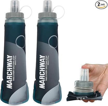 MARCHWAY Soft Hydration Flask with Wide Mouth, 300ml/500ml Collapsible TPU Water Bottle, Leakproof Portable Flexible for Running, Hiking, Cycling, Climbing, Gym, Travel (2pcs Blackish Green 500ml)
