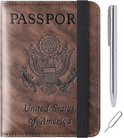 Passport Holder Cover Wallet Travel Essentials Leather Rfid Blocking Case Vacation Luggage Must Haves Travel Accessories for Men Women (116#Coffee)