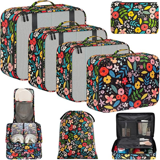 BAGAIL 8 Set Packing Cubes Luggage Packing Organizer Bags for Travel Accessories-Black Floral