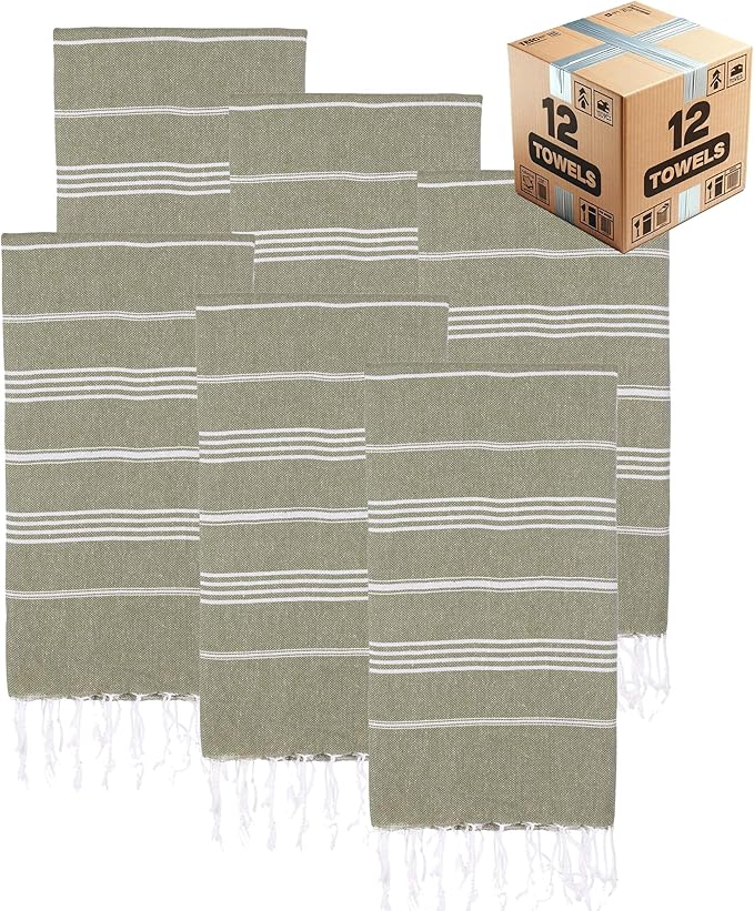 Turkish Beach Towels, Bulk Case of 12 | Oversized, Quick Dry, Sand Free | 100% Cotton, Large 38x71 Towels for Beach, Pool, Travel | Ultra-Soft, Compact, Absorbent | Olive Green
