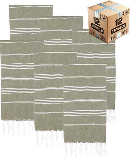 Turkish Beach Towels, Bulk Case of 12 | Oversized, Quick Dry, Sand Free | 100% Cotton, Large 38x71 Towels for Beach, Pool, Travel | Ultra-Soft, Compact, Absorbent | Olive Green