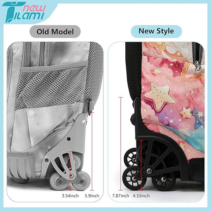 NEW TILAMI 18 Inch Rolling Backpack with Wheels for Girls Boys Kids Laptop Backpack School Travel, Orange Starshine