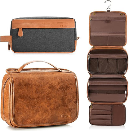 Elviros Hanging Travel Toiletry Bag Gift for Men，Mens Toiletries Bag Gifts Set Shaving Dopp Kit Water-resistant Bathroom Toiletries Organizer PU Leather Cosmetic Bags 2 Pack