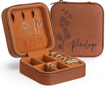 Custom Leather Jewelry Box w/Name & Birth Flower Month - Birthday Gifts for Women, Personalized Jewelry Travel Case - Customized Jewelry Organizer Box, Mom Birthday Gifts - Chestnut