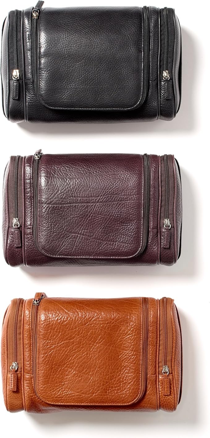Leatherology Premium Espresso Hanging Toiletry Kit - Double zip closure, 2 exterior side zipper pockets, water-resistant lining