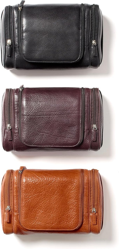 Leatherology Premium Ebony Hanging Toiletry Kit - Double zip closure, 2 exterior side zipper pockets, water-resistant lining