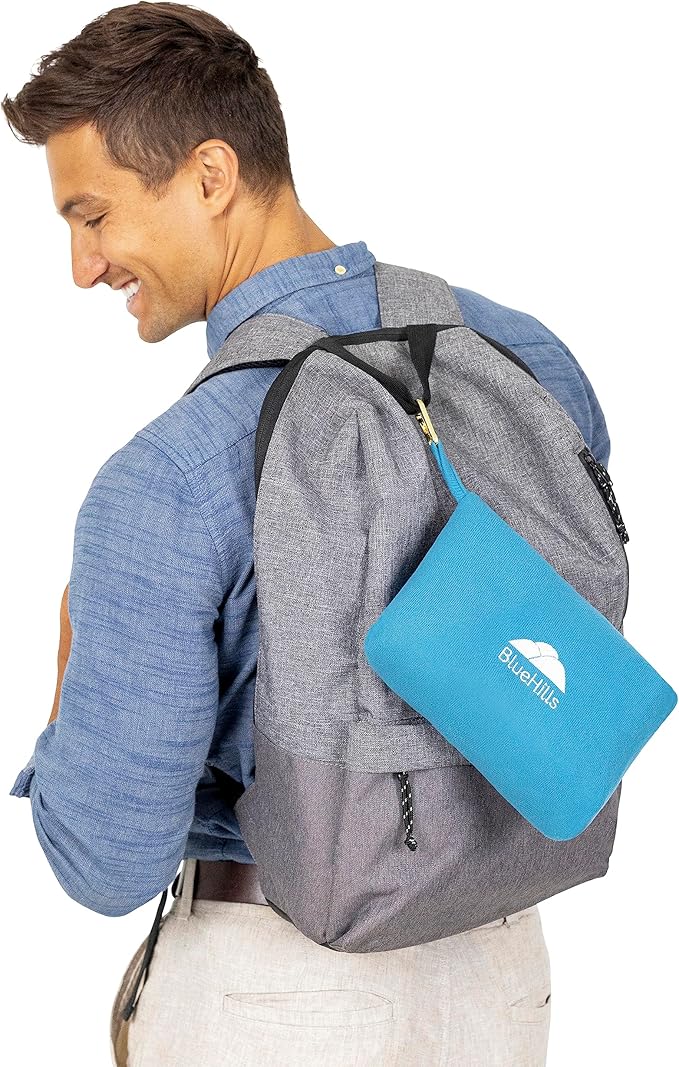 BlueHills Travel Blanket Pillow Compact Lightweight Pocket Size Airplane Traveling Essential Flight Trip Throw in Bag Portable Case Plane Accessory Teal Blue L03