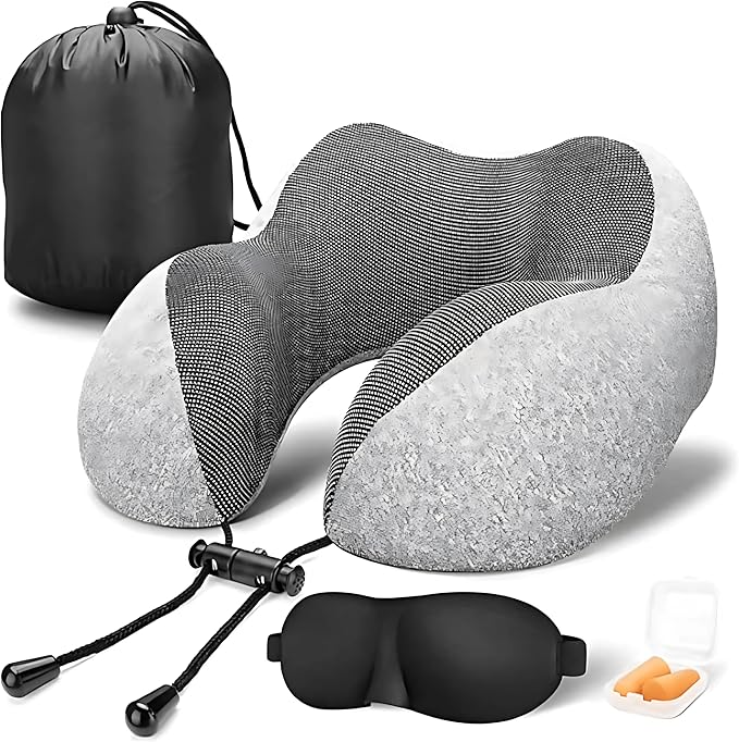 Travel Neck Pillow for Airplane – 100% Pure Memory Foam Neck Support Pillow with Breathable & Washable Cover, Fleight Kit with 3D Contoured Eye Mask, Earplugs & Carry Bag for Comfortable Sleep